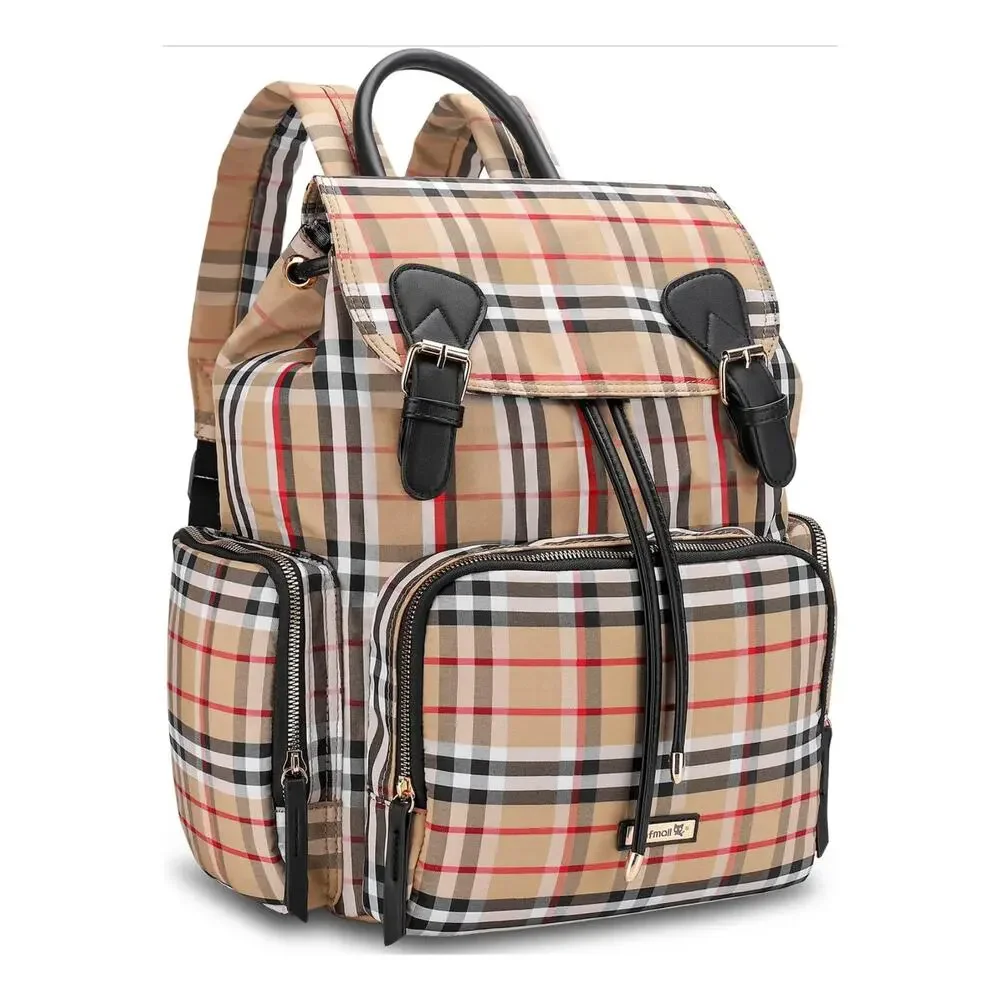 Hafmall Tan Red Black White Plaid Backpack Diaper Bag Designer Style NWT
